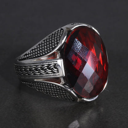 Men’s 925 Sterling Silver Ring with Red Zircon Stone – Vintage Turkish Wedding Jewelry Eren
