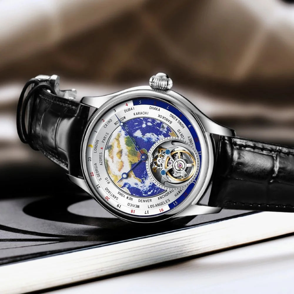 AESOP 7051 Luxury Men's Skeleton Tourbillon Watch – Earth Dial, Automatic Mechanical, Sapphire Crystal, Stainless Steel Case, Leather Strap