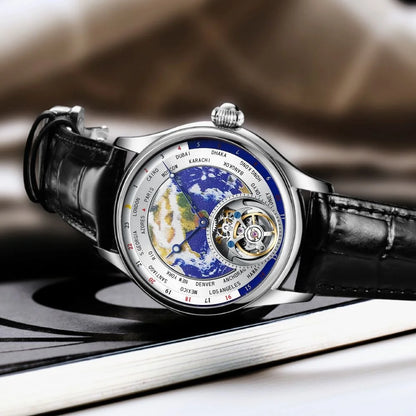 AESOP 7051 Luxury Men's Skeleton Tourbillon Watch – Earth Dial, Automatic Mechanical, Sapphire Crystal, Stainless Steel Case, Leather Strap