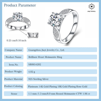 1.96 CTW Moissanite Engagement Ring – S925 Sterling Silver Rhodium Plated, 4 Prong Setting, GRA Certified