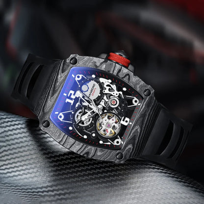 HANBORO Fully Automatic Mechanical Men’s Watch – Waterproof Luminous Square Dial, Hollow Design, Rubber Strap, Skeleton Wristwatch Mert
