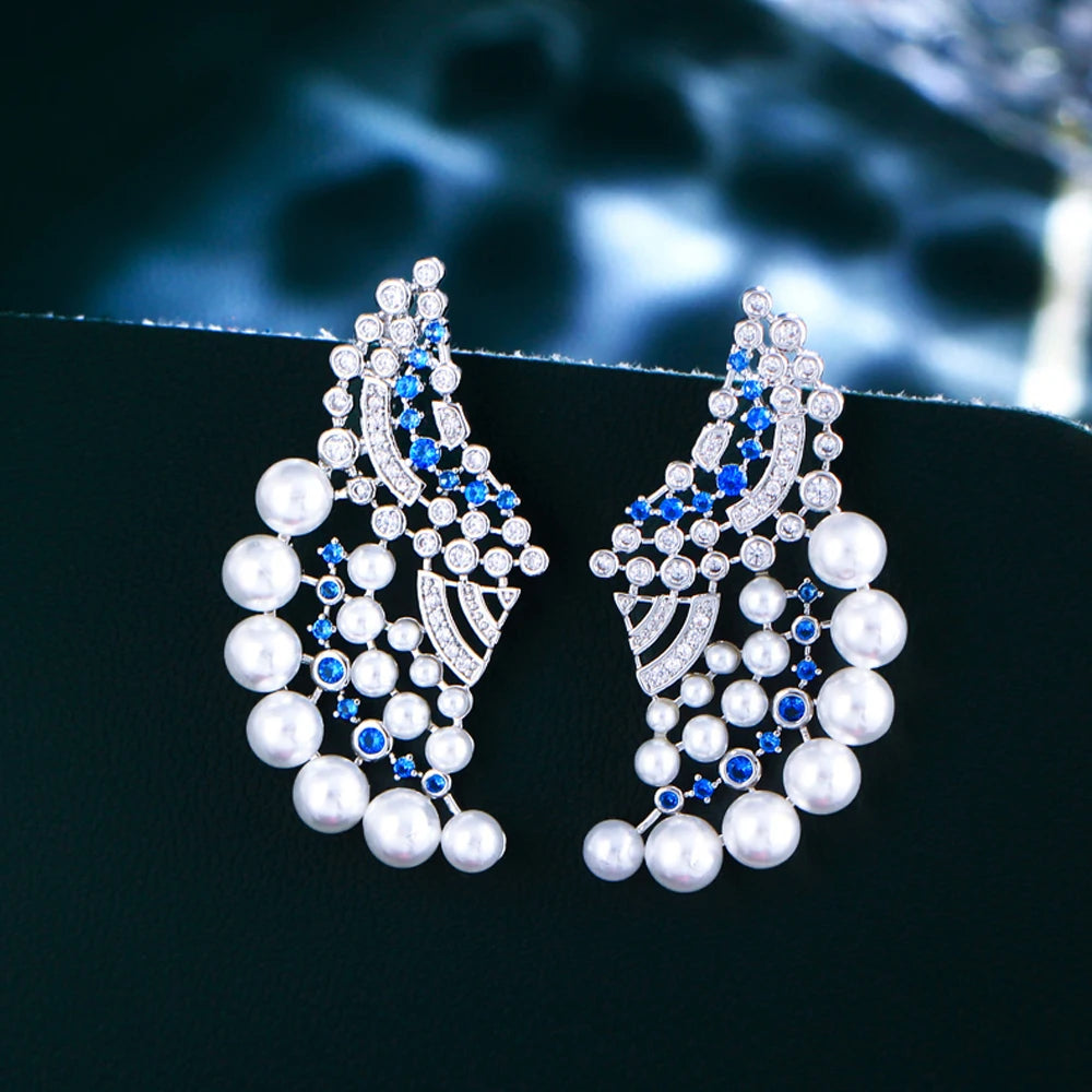 Elegant Blue Cubic Zircon Geometric Pearl Earrings for Women – Wedding & Party Jewelry