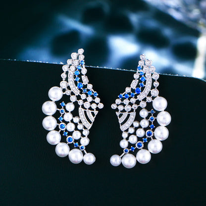 Elegant Blue Cubic Zircon Geometric Pearl Earrings for Women – Wedding & Party Jewelry