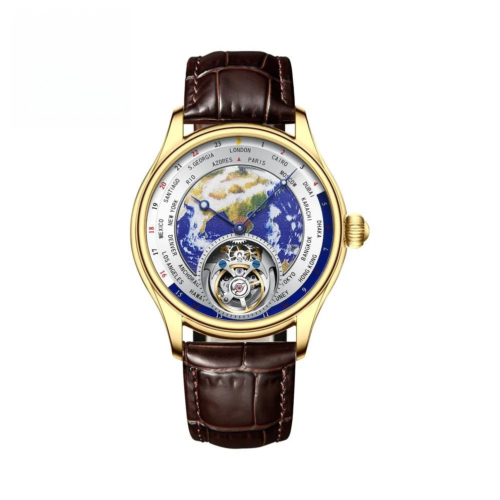 AESOP 7051 Luxury Men's Skeleton Tourbillon Watch – Earth Dial, Automatic Mechanical, Sapphire Crystal, Stainless Steel Case, Leather Strap