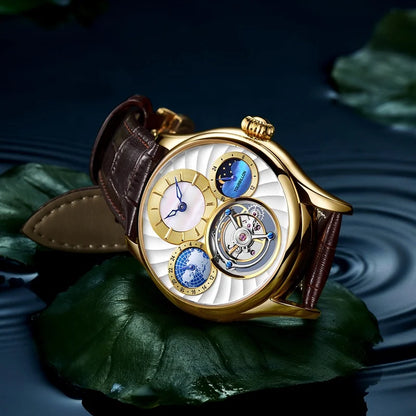 AESOP 7017 Luxury Men's Mechanical Watch – Skeleton Dial, Moon Phase Chronograph, Sapphire Crystal, Stainless Steel Tourbillon Wristwatch