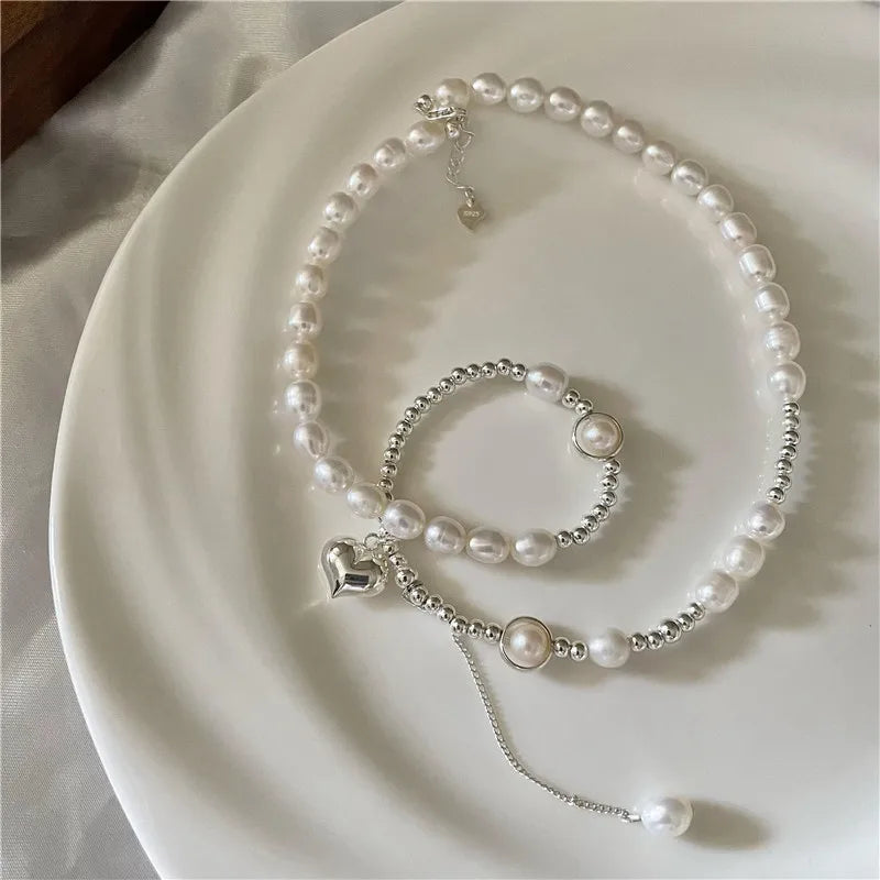 Handmade 925 Sterling Silver Bead Necklace with Natural Freshwater Pearl & Heart Charm Bracelet Ilayda