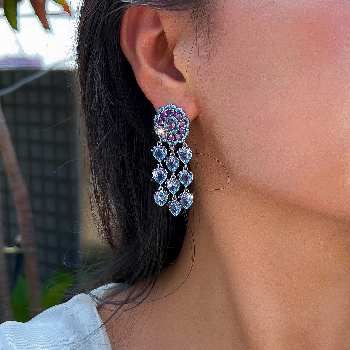Rhodium Plated CZ Purple & Turquoise Heart Tassel Dangle Drop Earrings for Women