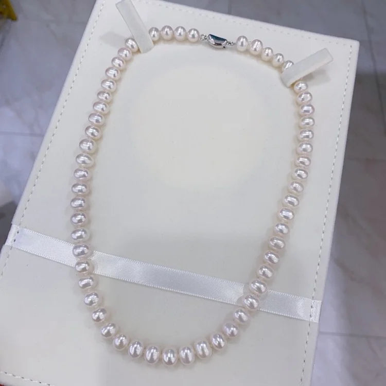 7–8mm Natural Freshwater White Round Pearl Necklace – S925 Sterling Silver Classic Party Jewelry Thalira