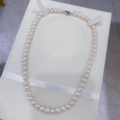 7–8mm Natural Freshwater White Round Pearl Necklace – S925 Sterling Silver Classic Party Jewelry Thalira