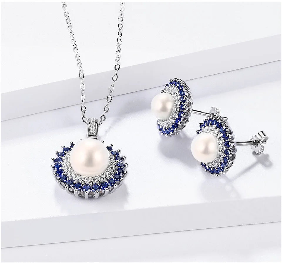 925 Sterling Silver Natural Pearl Jewelry Set for Women – Freshwater Pearl Stud Earrings & Sapphire Pendant Lirael