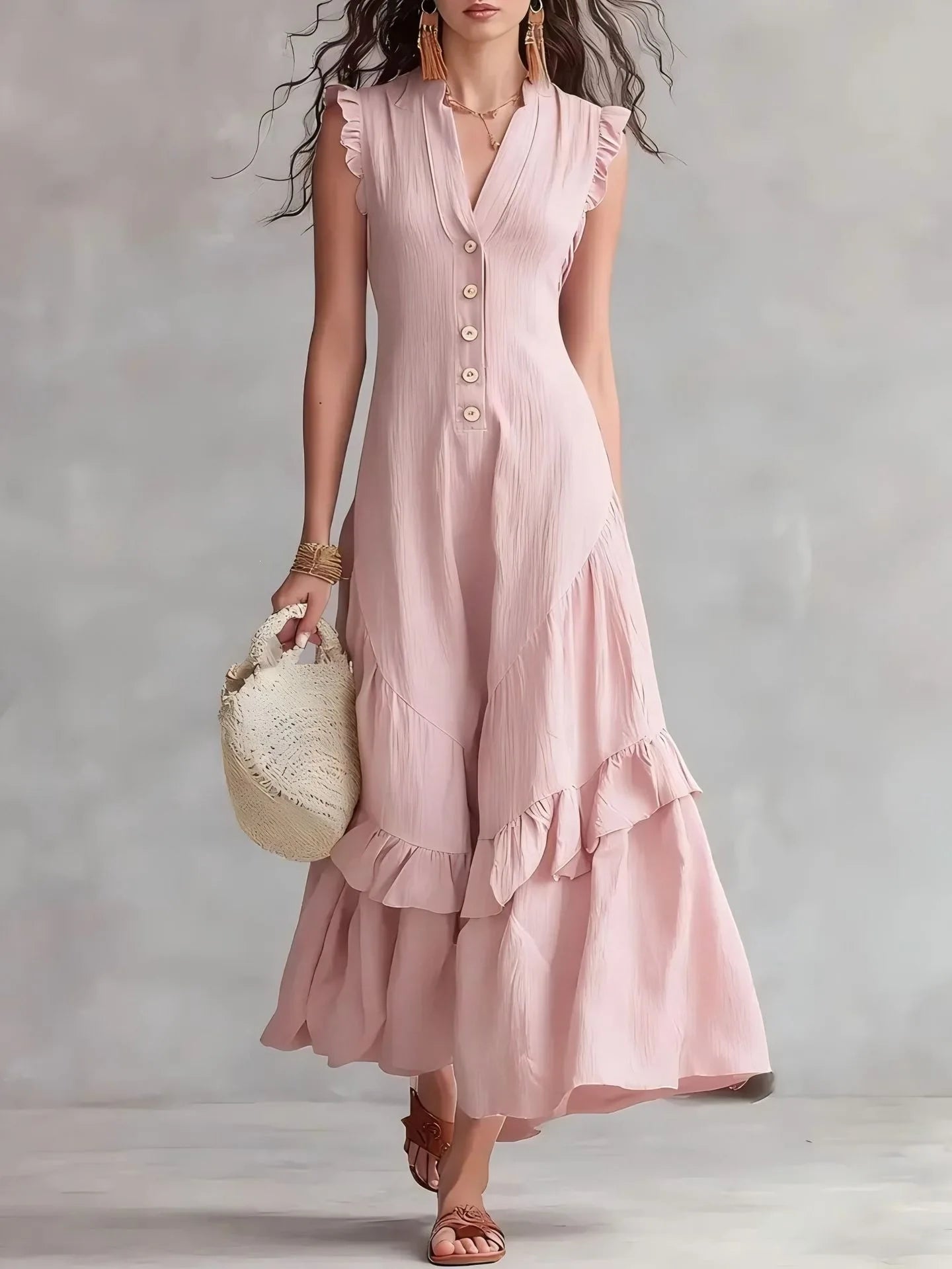 Women's Elegant Ruffle Long Dress | Casual Button-Down Maxi Dress Lindsay