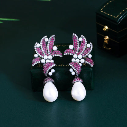 Fuchsia Red Cubic Zirconia Pave Flower & Leaf Long Dangle Drop Pearl Earrings – Glamorous Party & Wedding Jewelry for Women