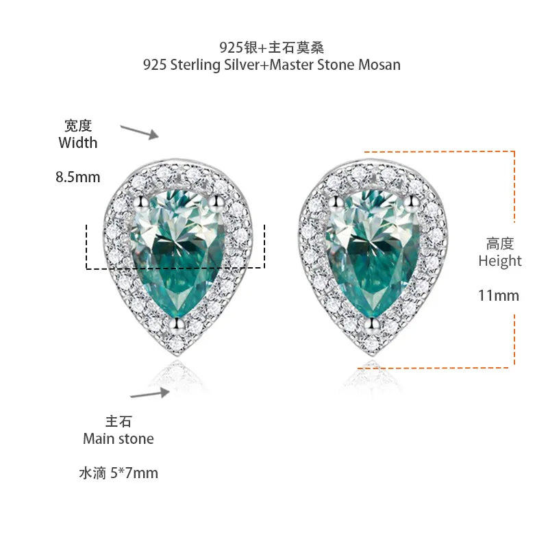 Designer Colorful Pear Cut Moissanite Stud Earrings 5x7mm (0.8CT) – 925 Sterling Silver Halo Setting with Full-Cut Accent Stones Emerie