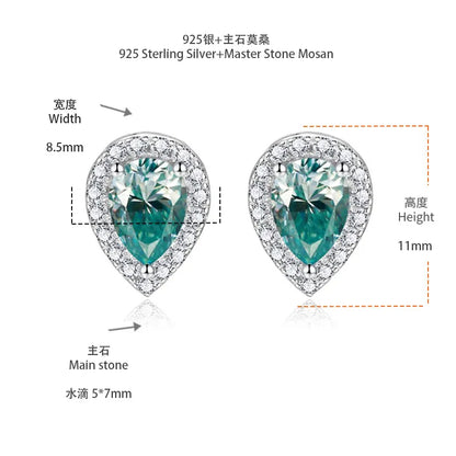 Designer Colorful Pear Cut Moissanite Stud Earrings 5x7mm (0.8CT) – 925 Sterling Silver Halo Setting with Full-Cut Accent Stones Emerie