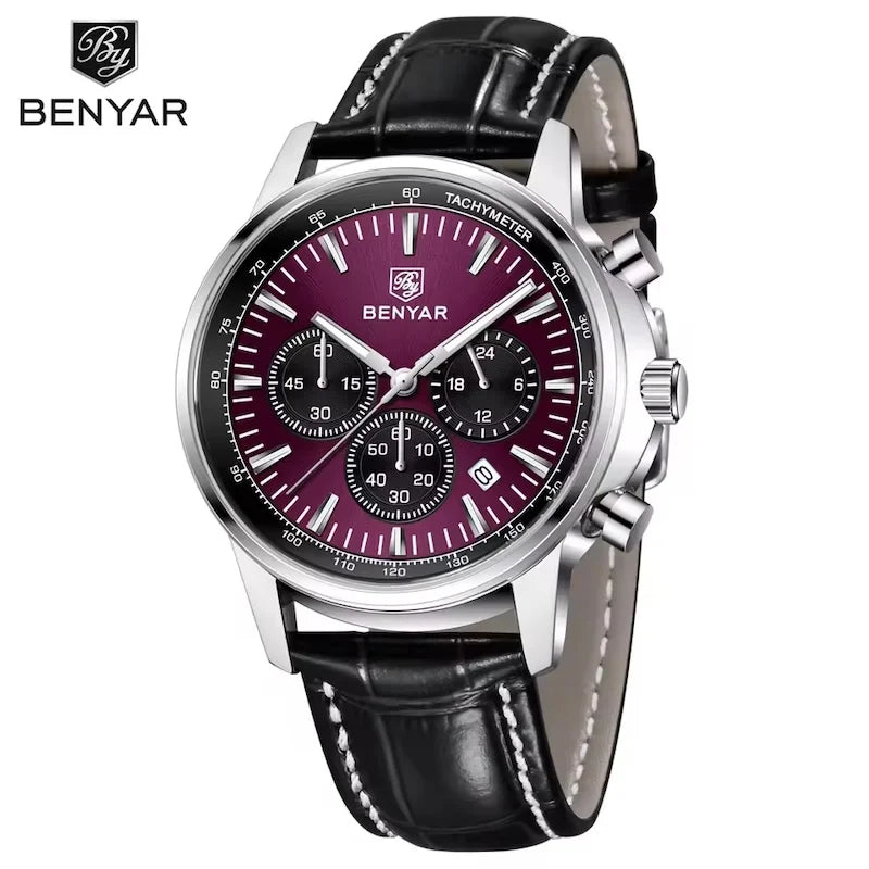 BENYAR 5213 Men's Luxury Quartz Chronograph Watch – Waterproof Leather Strap, Luminous Dial, Designer Sport Wristwatch for Men