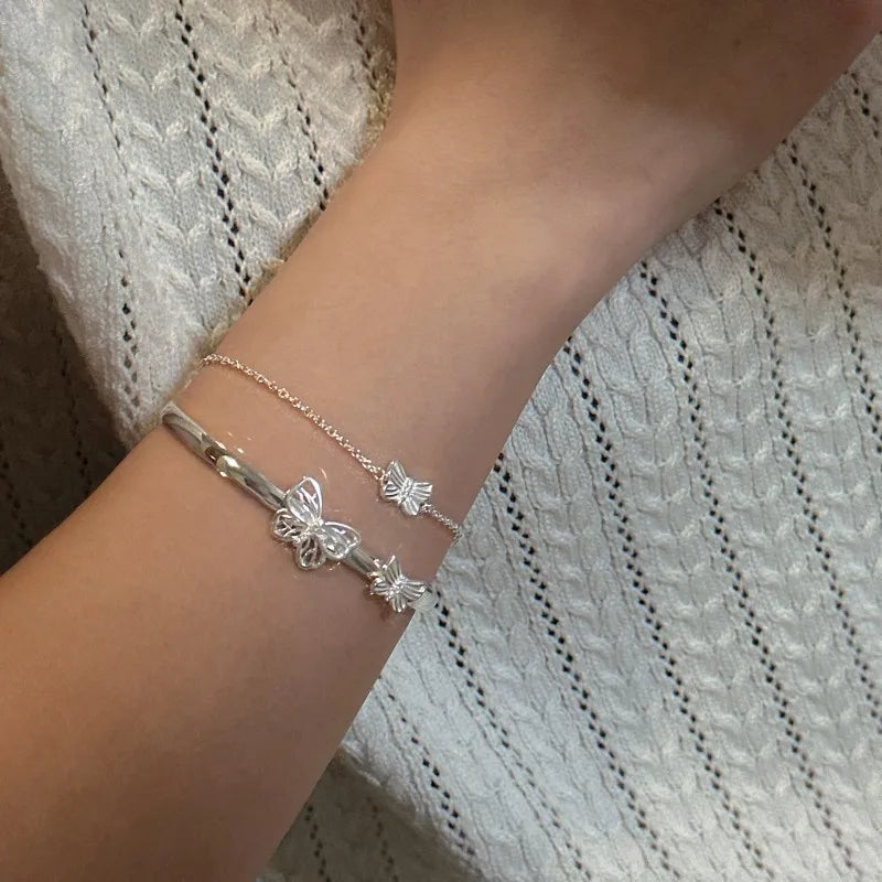 925 Sterling Silver Butterfly Bracelet – Double Layer Bangle for Women Ecrin