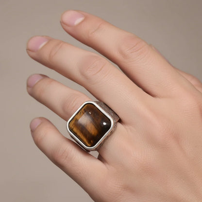 Men’s 925 Sterling Silver Ring with Natural Tiger Eye Agate – Antique Vintage Style