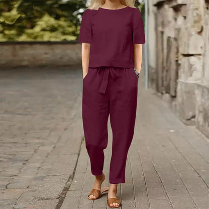 Women’s Cotton Linen Two Piece Set – Summer Short Sleeve O-Neck Oversized Blouse & High Waist Wide Leg Pants Carmen