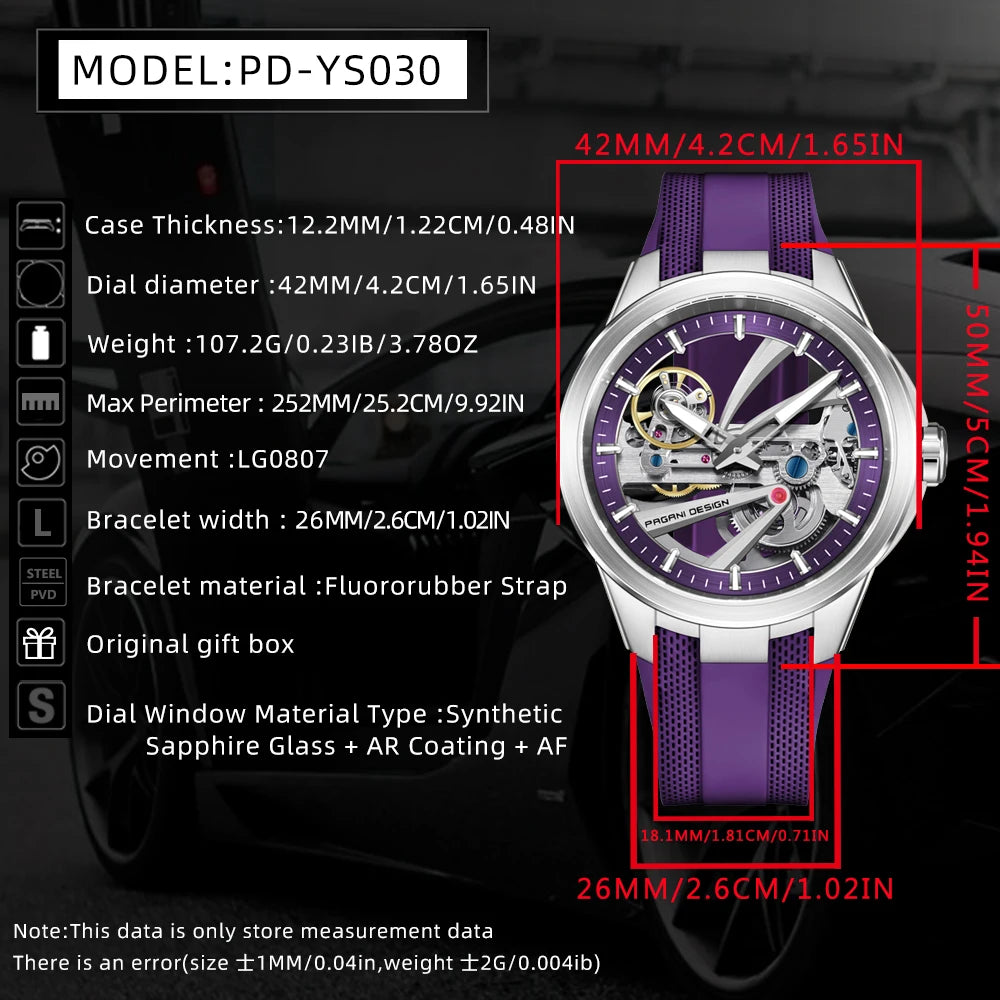 Pagani Design PD‑YS030 Men's Automatic Skeleton Watch – Sapphire AR Crystal, Stainless Steel, Waterproof Sports