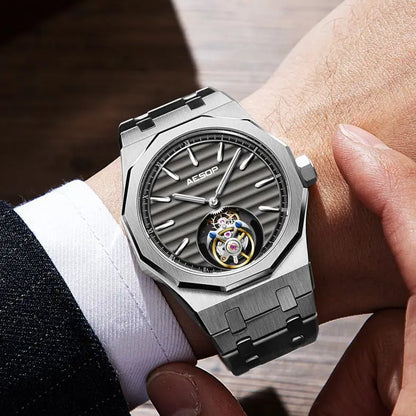 AESOP 7057 Luxury Skeleton Tourbillon Watch for Men – Stainless Steel Automatic Mechanical, Sapphire Crystal, Waterproof