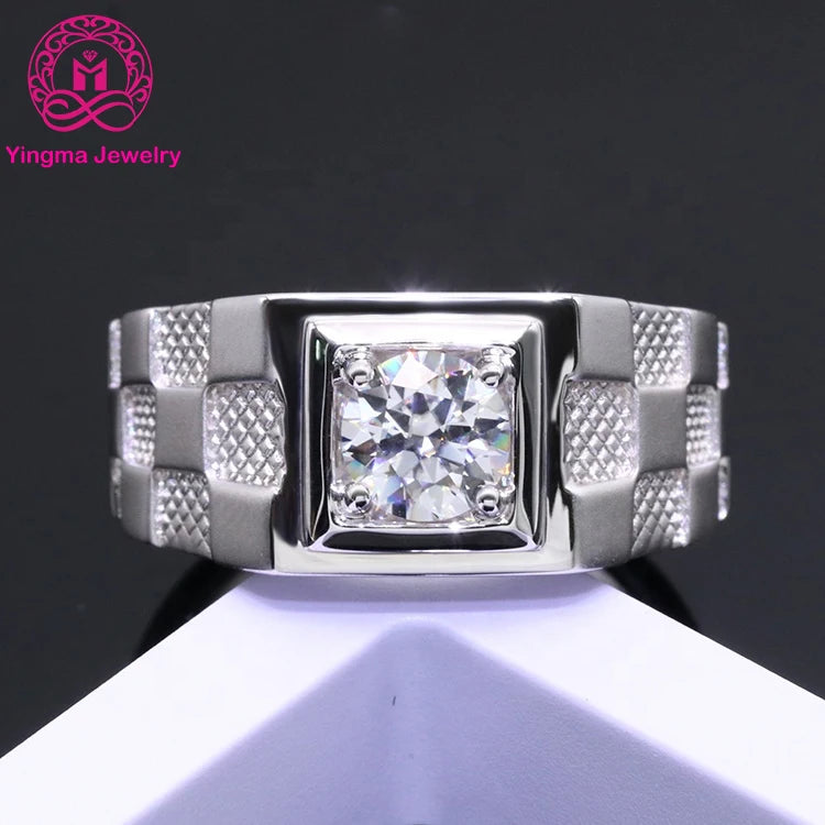 Men’s 1CT Moissanite Ring – 925 Sterling Silver with Gold Plating, D Color Stone Kaan