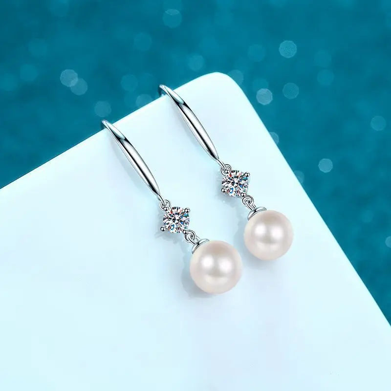 S925 Sterling Silver Moissanite & Freshwater Pearl Stud Earrings for Women – 0.3 Carat Elegant Korean Style Everyday Jewelry Gift