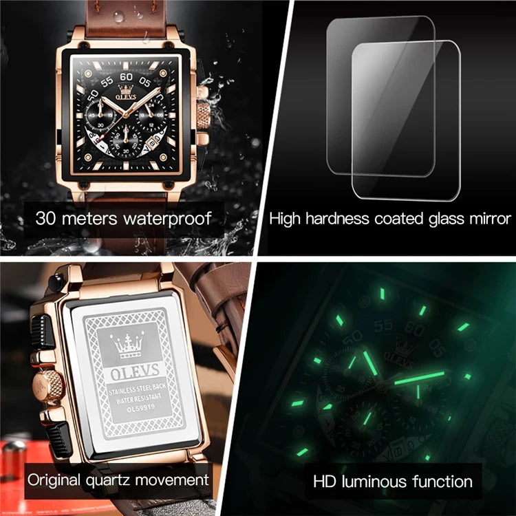 OLEVS 9919 Men’s Square Quartz Watch – Waterproof Leather Strap, Sport Luxury Wristwatch for Men