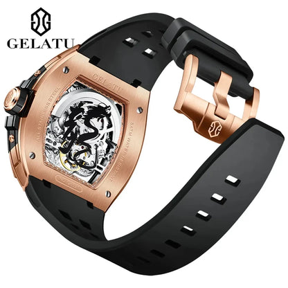 Gelatu 6021 Men’s Automatic Mechanical Watch – Hollow Dragon Skeleton Dial, Diamond-Accented Case, Waterproof Silicone Strap Eddard
