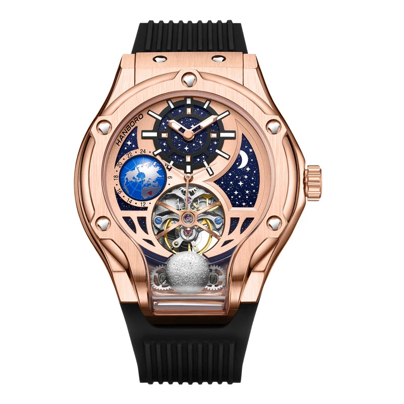 Luxury Men’s Automatic Mechanical Watch – Hollow Starry Sky Dial, Luminous Hands, Waterproof Silicone Strap, Business Fashion Wristwatch Taha