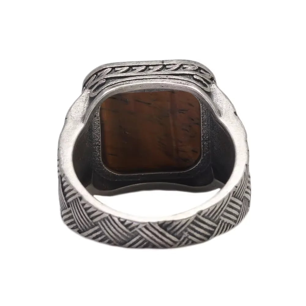 Men’s 925 Sterling Silver Ring with Natural Tiger Eye Agate – Antique Vintage Style