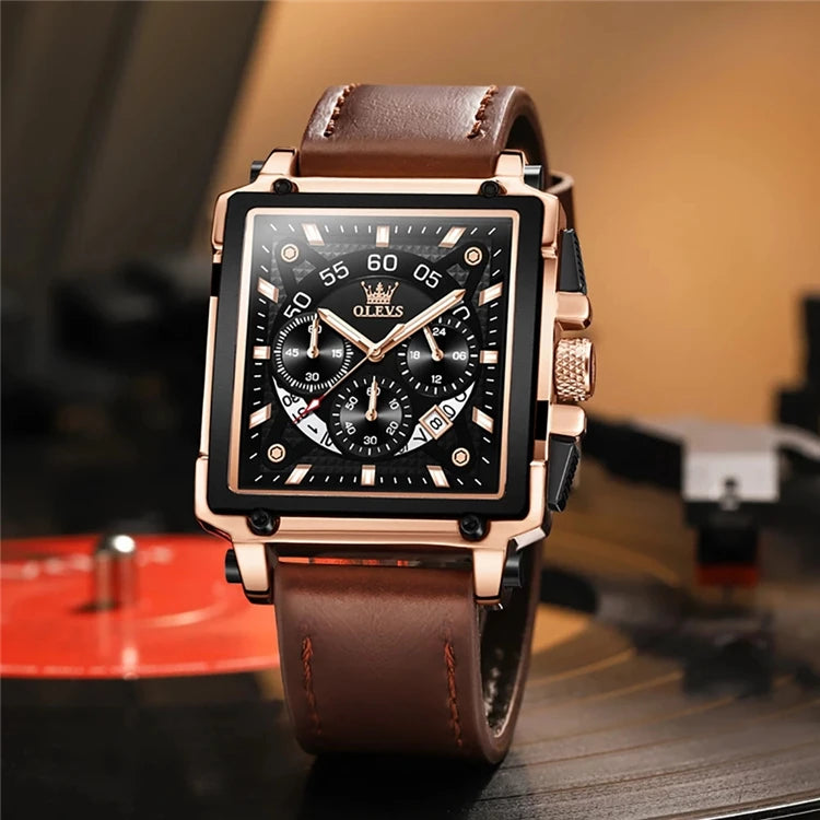 OLEVS 9919 Men’s Square Quartz Watch – Waterproof Leather Strap, Sport Luxury Wristwatch for Men