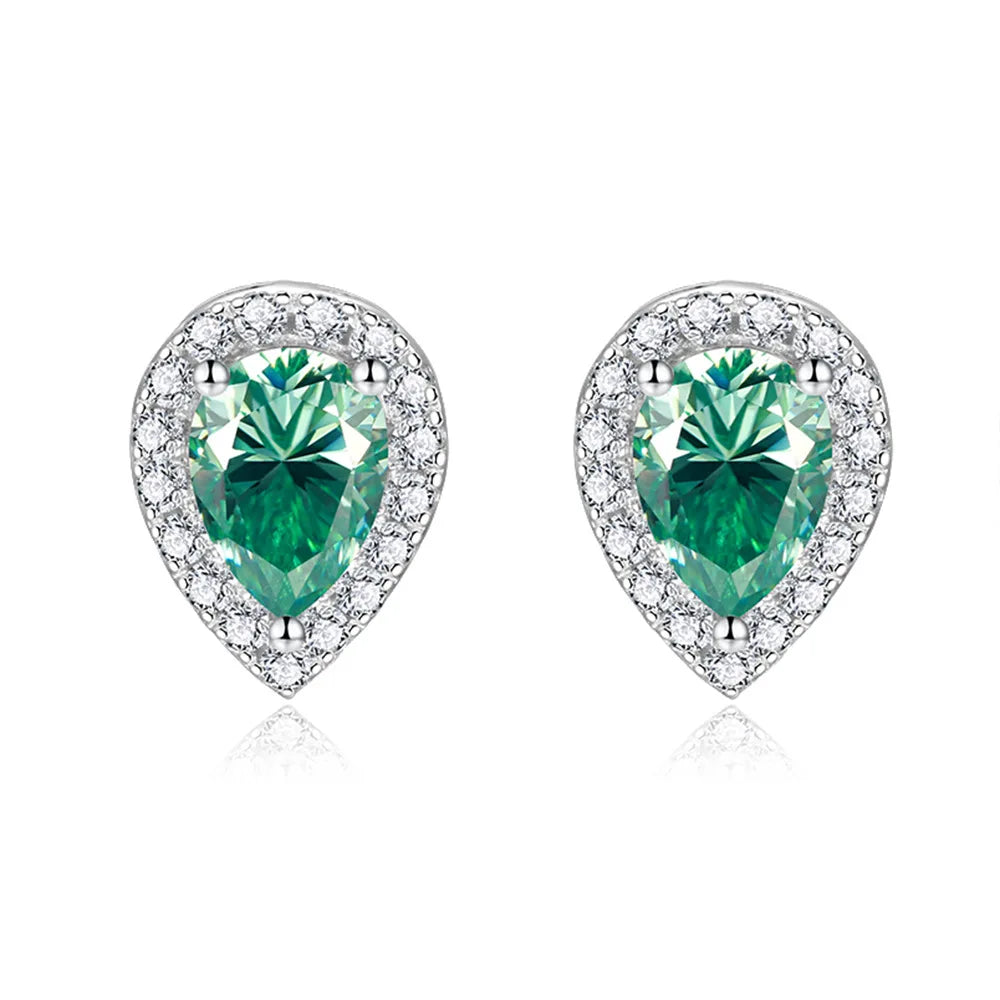 Designer Colorful Pear Cut Moissanite Stud Earrings 5x7mm (0.8CT) – 925 Sterling Silver Halo Setting with Full-Cut Accent Stones Emerie
