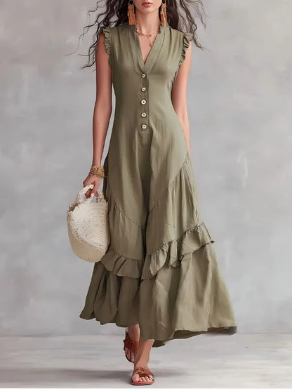 Women's Elegant Ruffle Long Dress | Casual Button-Down Maxi Dress Lindsay