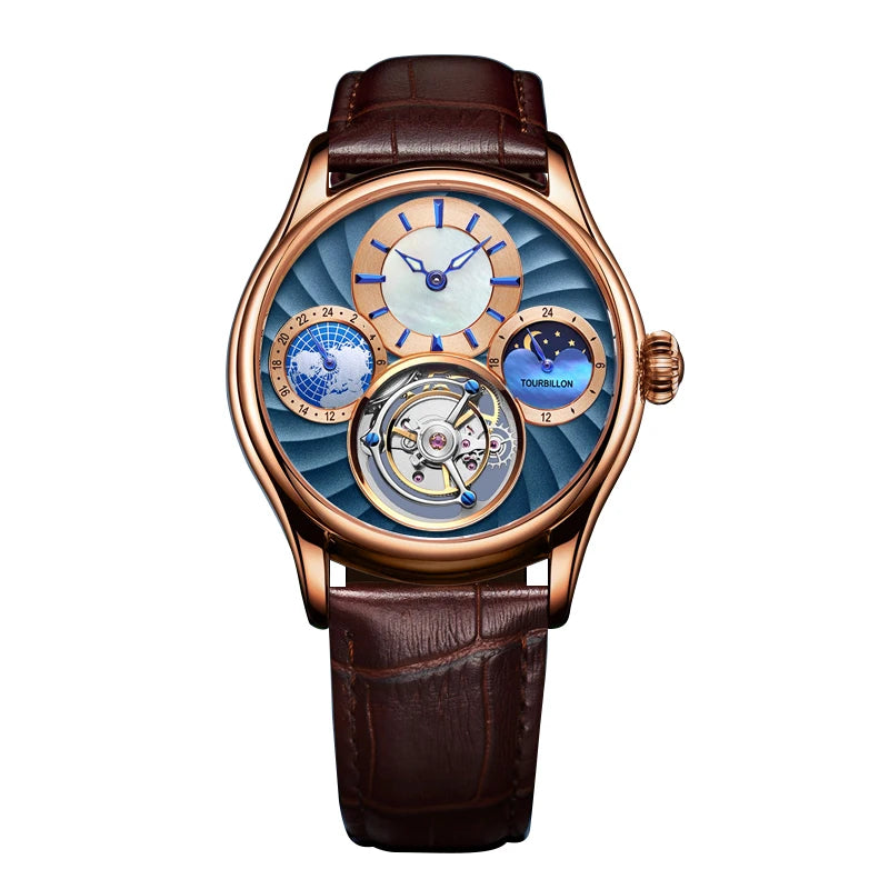 AESOP 7017 Luxury Men's Mechanical Watch – Skeleton Dial, Moon Phase Chronograph, Sapphire Crystal, Stainless Steel Tourbillon Wristwatch