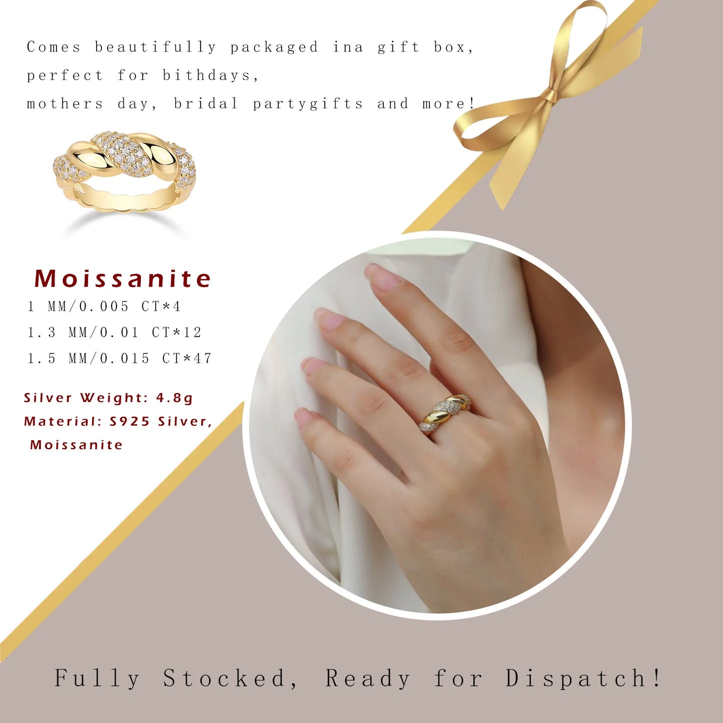 18K Gold Plated 925 Sterling Silver Twisted Galaxy Moissanite Ring with Pavé Stones for Women