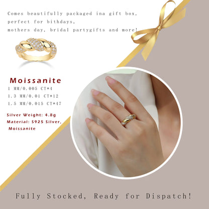 18K Gold Plated 925 Sterling Silver Twisted Galaxy Moissanite Ring with Pavé Stones for Women
