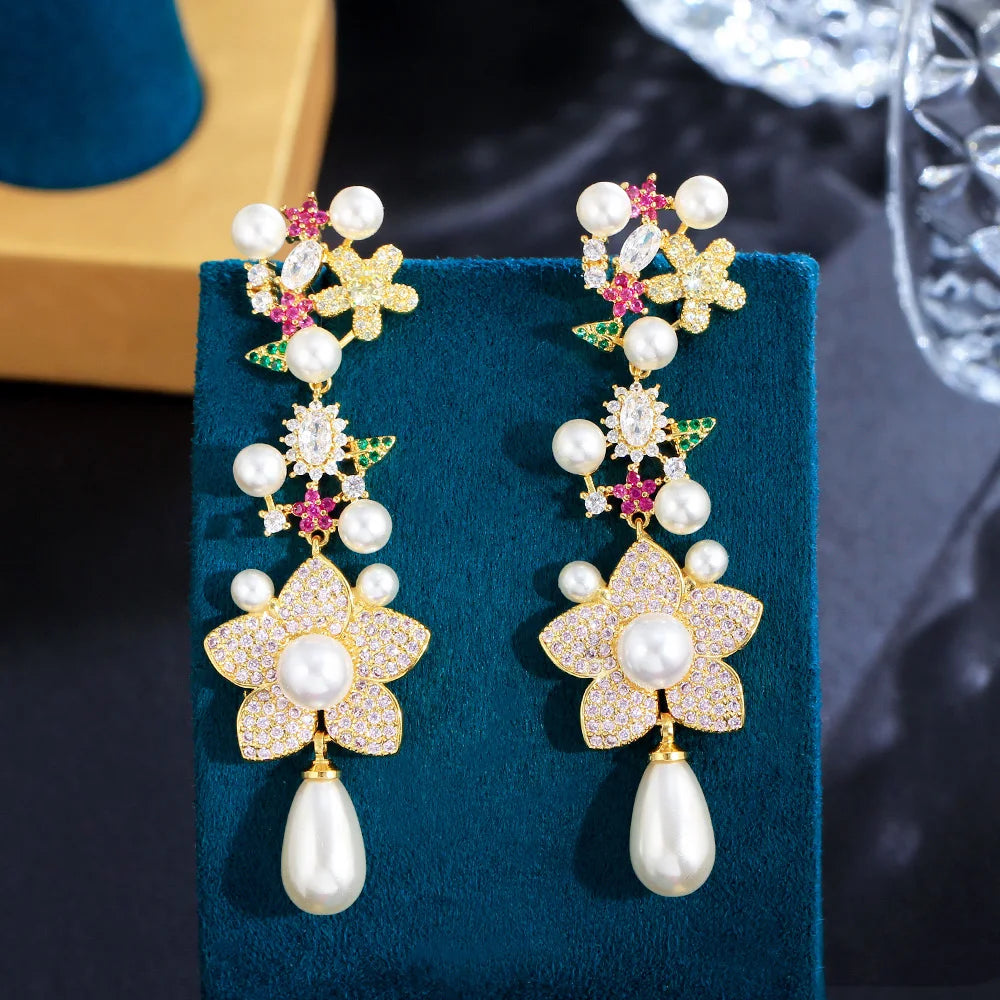 Pink & Red Cubic Zirconia Pave Flower Dangle Drop Pearl Earrings for Women | Festive & Wedding Jewelry