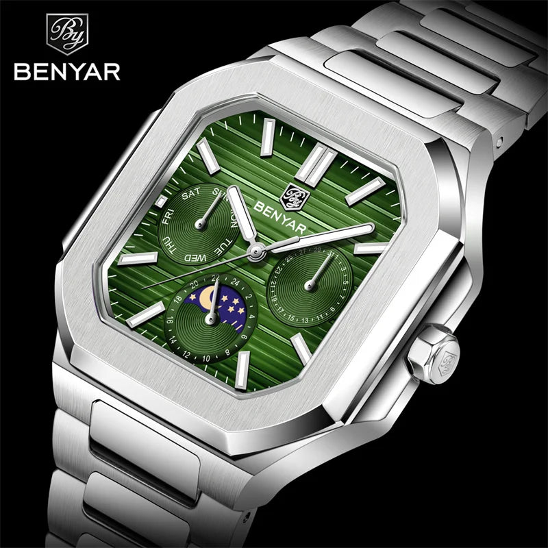 BENYAR 5221 Men’s Square Quartz Watch 37mm – Stainless Steel Waterproof Business Wristwatch, Fashion Gift for Men