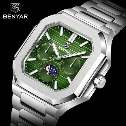 BENYAR 5221 Men’s Square Quartz Watch 37mm – Stainless Steel Waterproof Business Wristwatch, Fashion Gift for Men