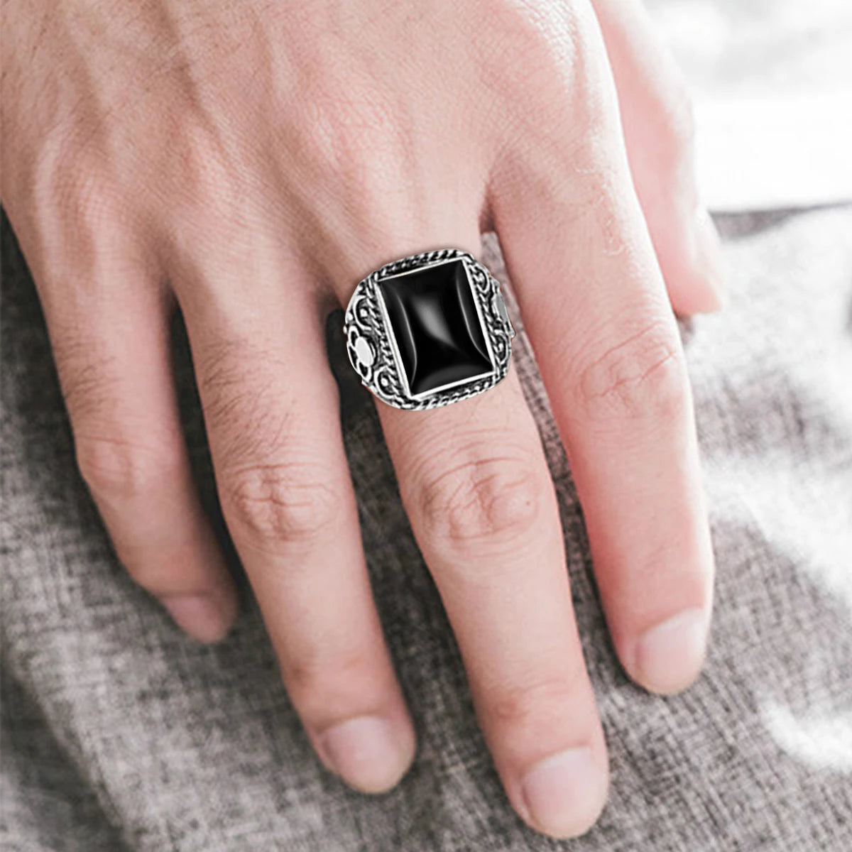Vintage Filigree 925 Sterling Silver Men’s Ring – Turkish Black Agate Gemstone, Rhodium Plated Floral Design Andreas
