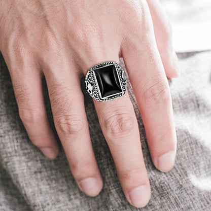 Vintage Filigree 925 Sterling Silver Men’s Ring – Turkish Black Agate Gemstone, Rhodium Plated Floral Design Andreas