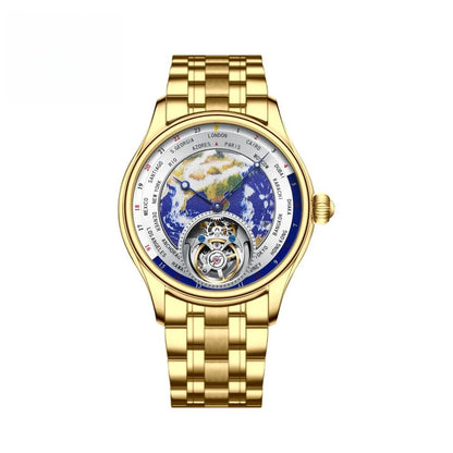 AESOP 7051 Luxury Men's Skeleton Tourbillon Watch – Earth Dial, Automatic Mechanical, Sapphire Crystal, Stainless Steel Case, Leather Strap