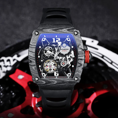 HANBORO Fully Automatic Mechanical Men’s Watch – Waterproof Luminous Square Dial, Hollow Design, Rubber Strap, Skeleton Wristwatch Mert