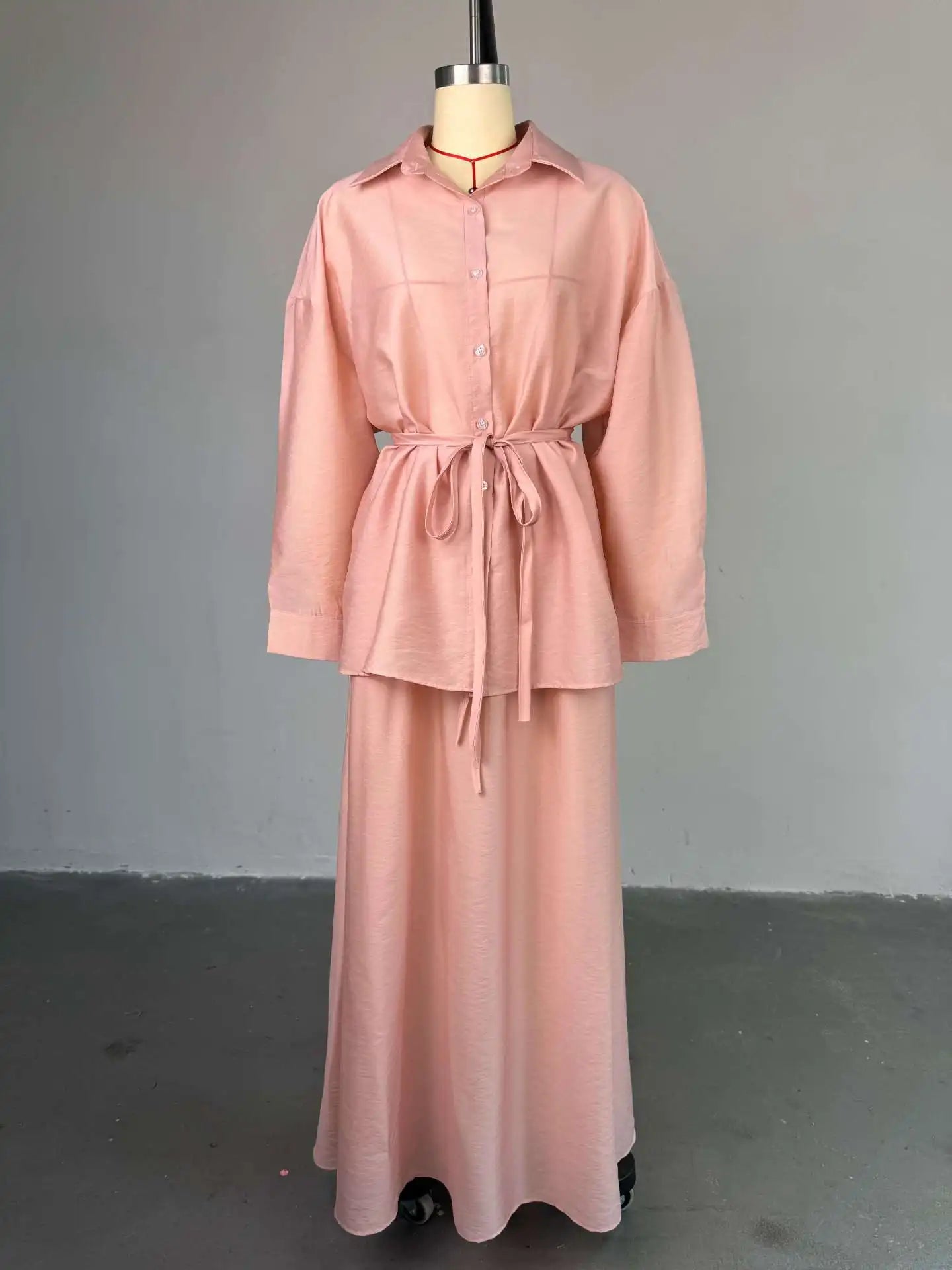 Women’s 2 Piece Pink Skirt Set – Single Breasted Long Sleeve Lace-Up Blouse & Loose Summer Maxi Skirt