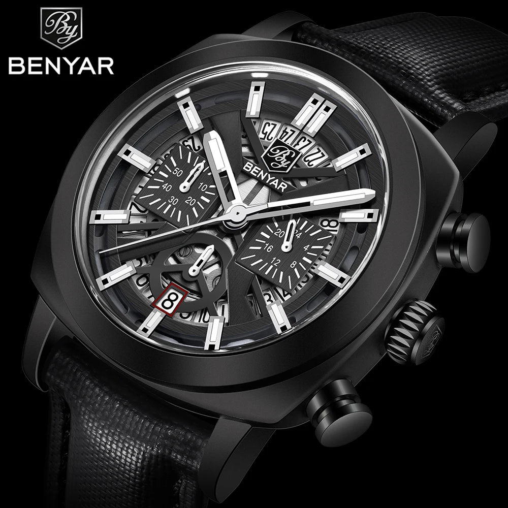 BENYAR 5205M Men's Luxury Quartz Chronograph Watch – 30M Waterproof, Luminous Dial, Leather Strap Fashion Wristwatch for Men
