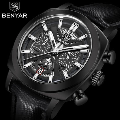 BENYAR 5205M Men's Luxury Quartz Chronograph Watch – 30M Waterproof, Luminous Dial, Leather Strap Fashion Wristwatch for Men