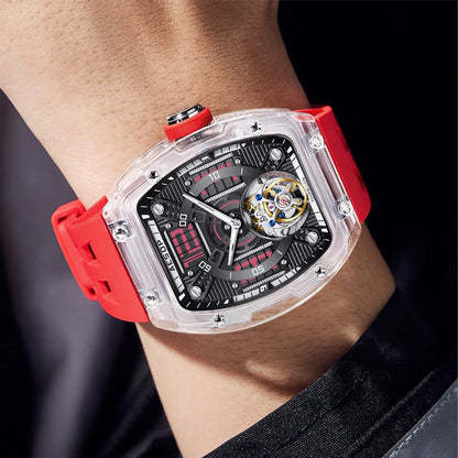 AESOP 7043 Men’s Tourbillon Tonneau Watch – Transparent Automatic Mechanical, Luminous, Waterproof