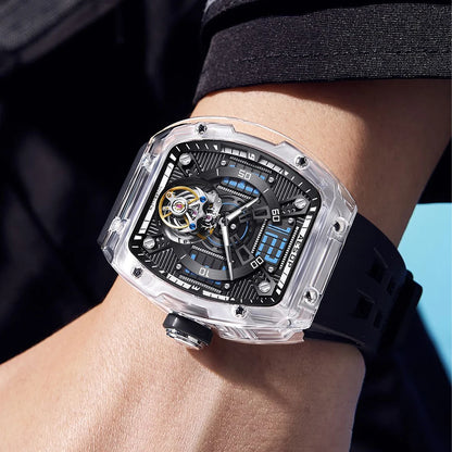 AESOP 7043 Men’s Tourbillon Tonneau Watch – Transparent Automatic Mechanical, Luminous, Waterproof
