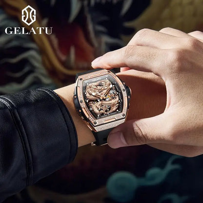 Gelatu 6021 Men’s Automatic Mechanical Watch – Hollow Dragon Skeleton Dial, Diamond-Accented Case, Waterproof Silicone Strap Eddard
