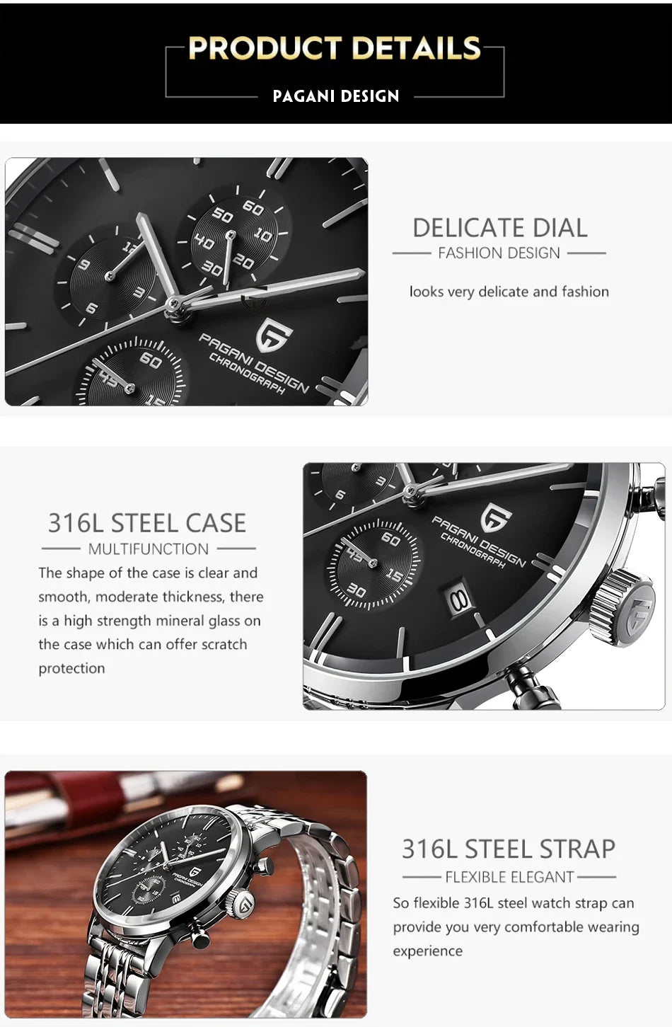 PAGANI DESIGN 2720 Men’s Sports Chronograph Watch – Quartz Business & Fashion Leather Strap Wristwatch
